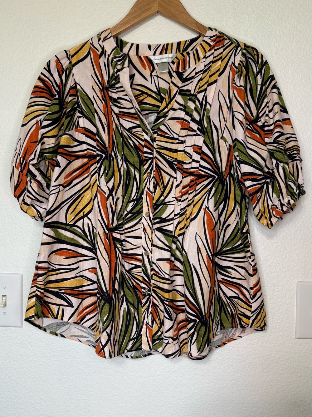 Christopher & Banks Blouse Tropical Leaf Linen/Rayon Button Up Women’s Size Med